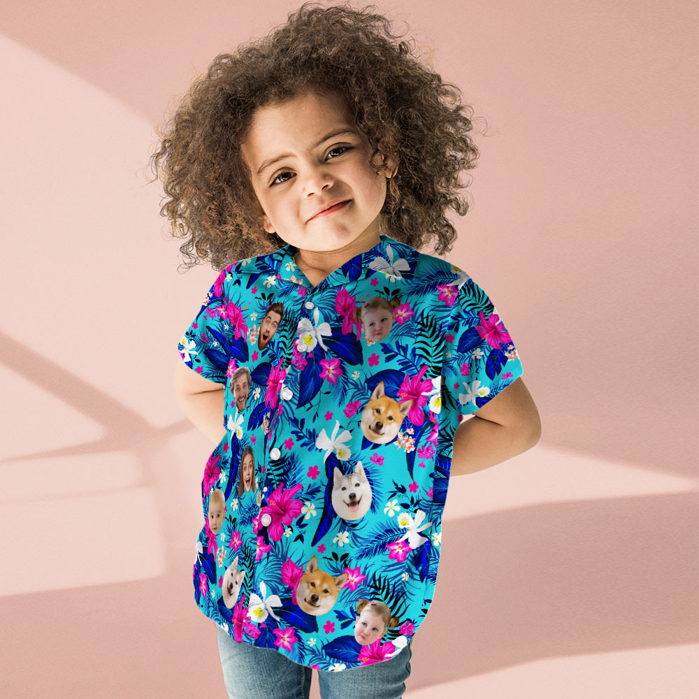 Custom Hawaiian Shirt With Face Personalized Hawaiian Shirt Logo All Over Print Pink Flower Hawaiian Shirt For Kids - auphotoblanket