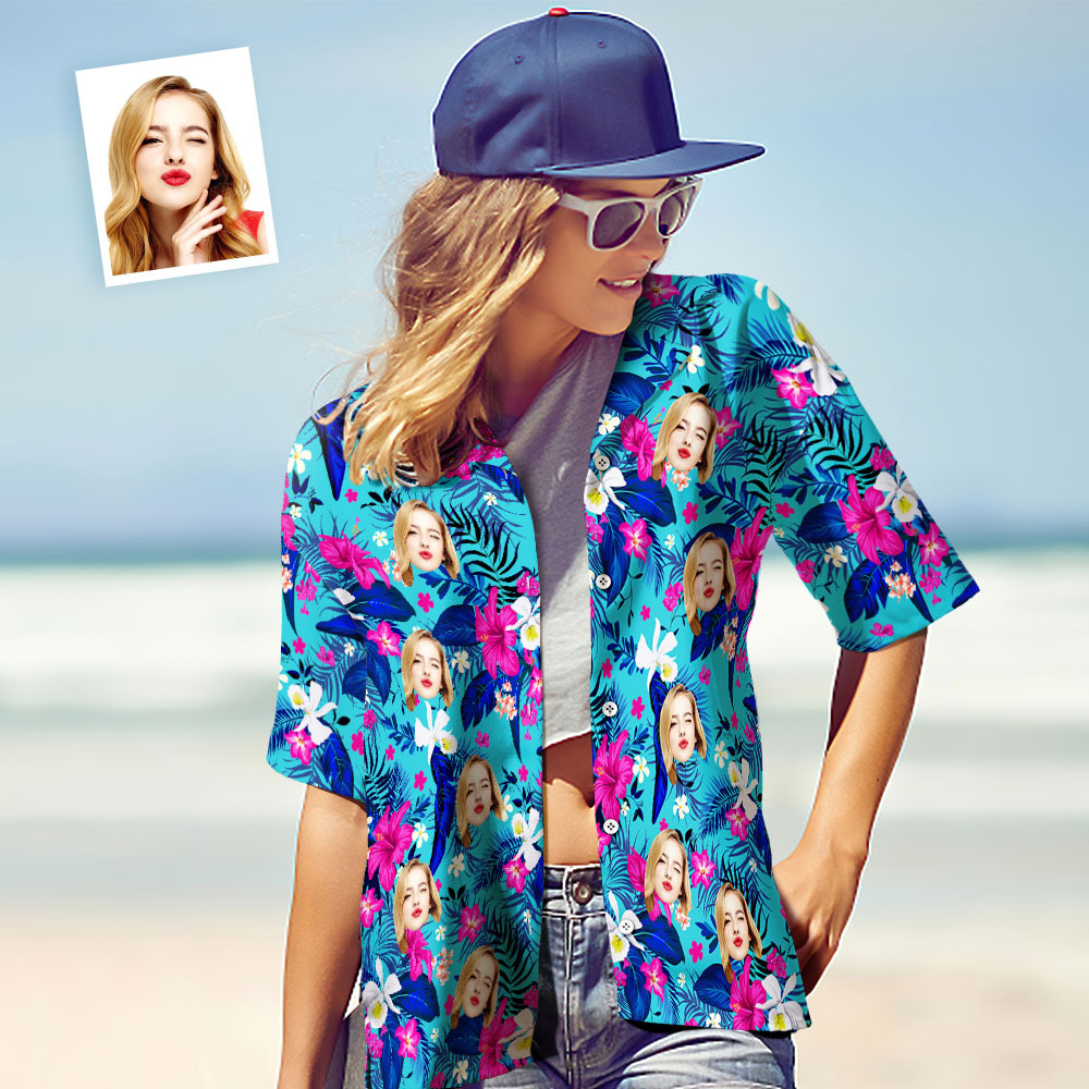 Custom Hawaiian Shirt With Face Personalized Hawaiian Shirt Logo All Over Print Pink Flower Hawaiian Shirt For Her - auphotoblanket