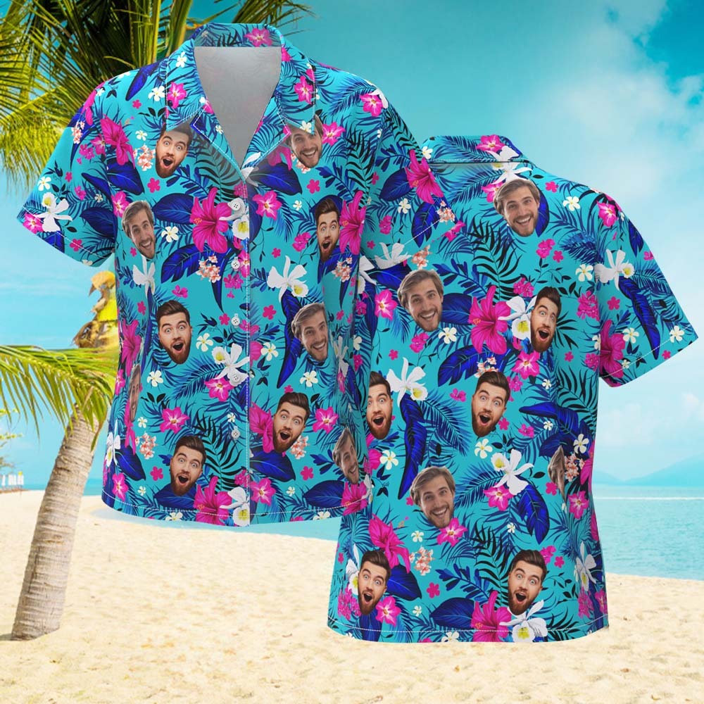 Custom Hawaiian Shirt With Face Personalized Hawaiian Shirt Logo All Over Print Pink Flower Hawaiian Shirt For Her - auphotoblanket