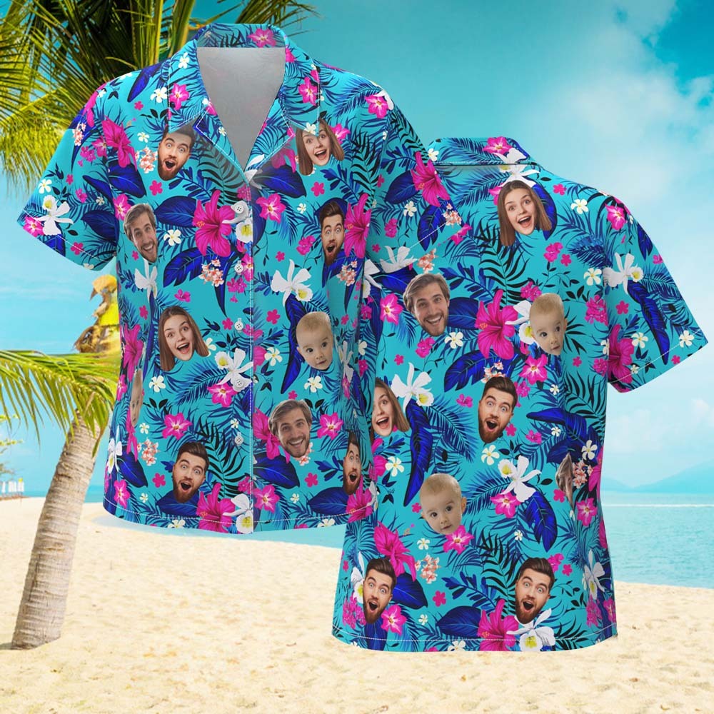 Custom Hawaiian Shirt With Face Personalized Hawaiian Shirt Logo All Over Print Pink Flower Hawaiian Shirt For Her - auphotoblanket