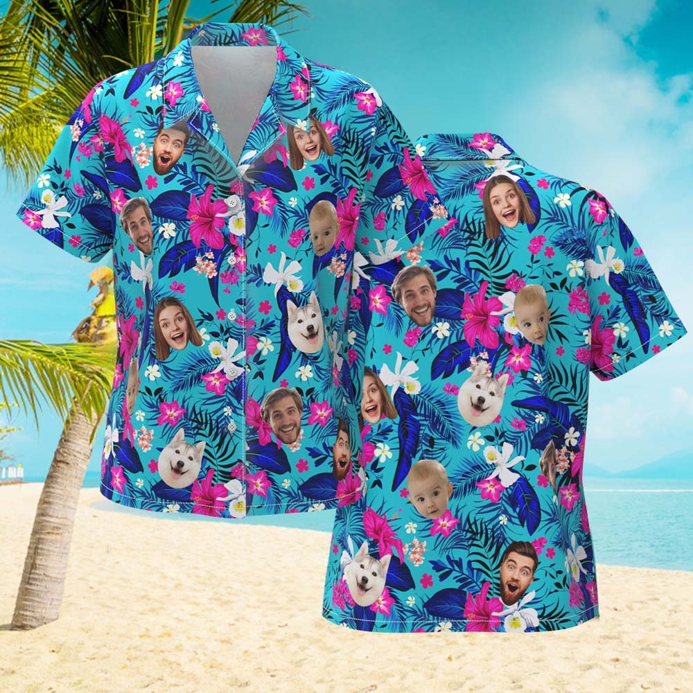 Custom Hawaiian Shirt With Face Personalized Hawaiian Shirt Logo All Over Print Pink Flower Hawaiian Shirt For Her - auphotoblanket