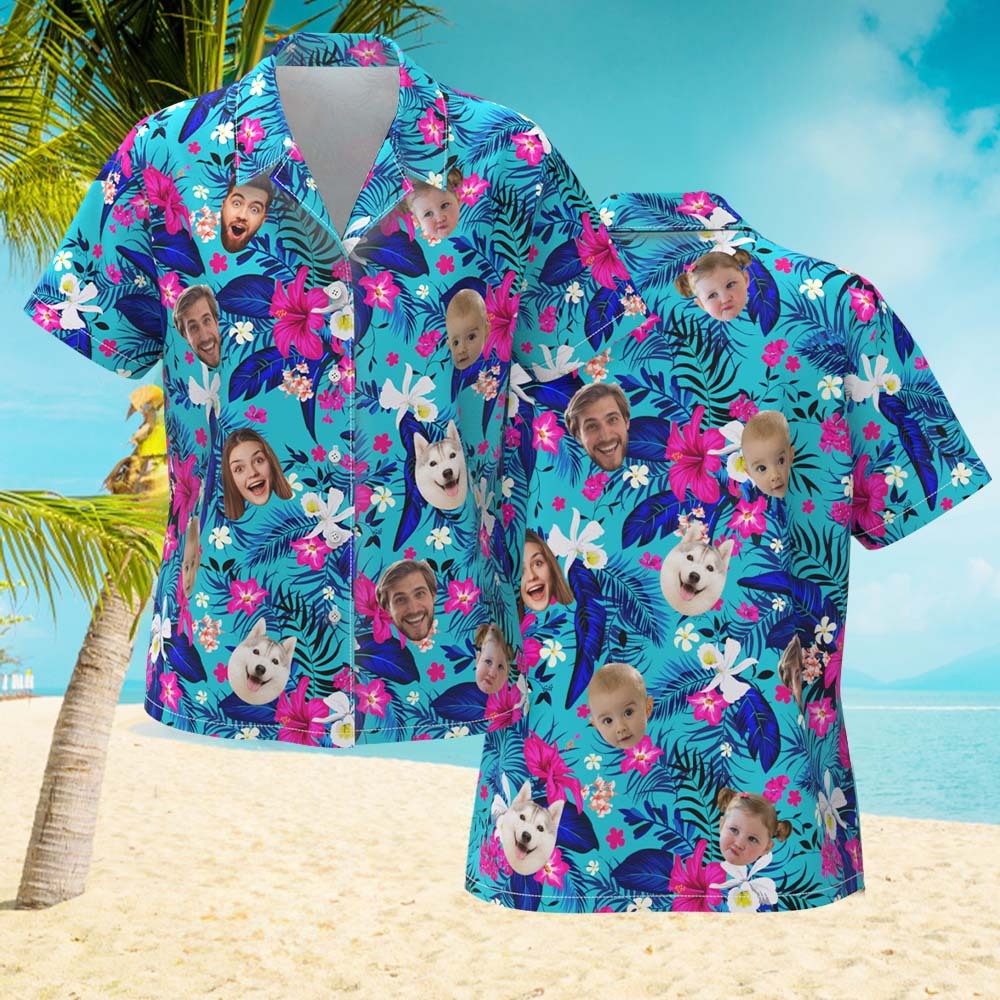Custom Hawaiian Shirt With Face Personalized Hawaiian Shirt Logo All Over Print Pink Flower Hawaiian Shirt For Her - auphotoblanket