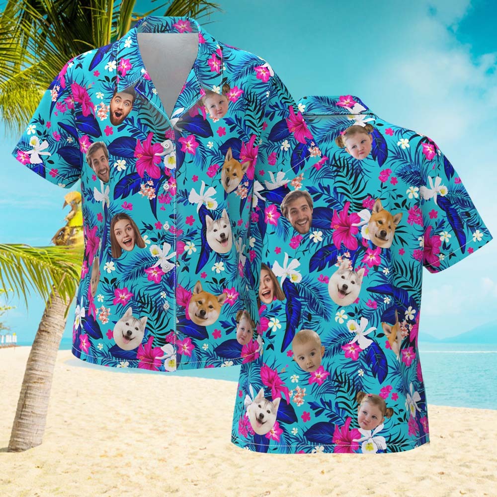 Custom Hawaiian Shirt With Face Personalized Hawaiian Shirt Logo All Over Print Pink Flower Hawaiian Shirt For Her - auphotoblanket