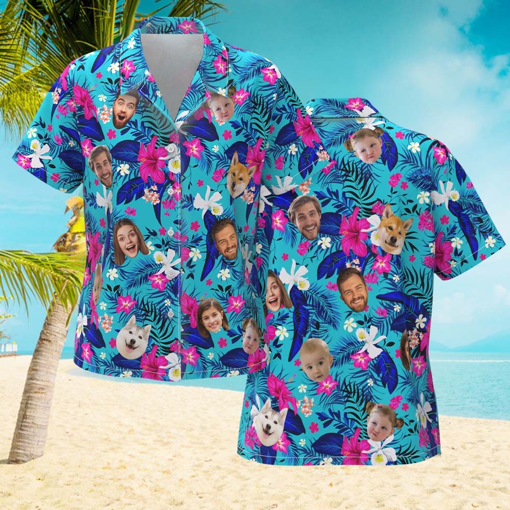 Custom Hawaiian Shirt With Face Personalized Hawaiian Shirt Logo All Over Print Pink Flower Hawaiian Shirt For Her - auphotoblanket