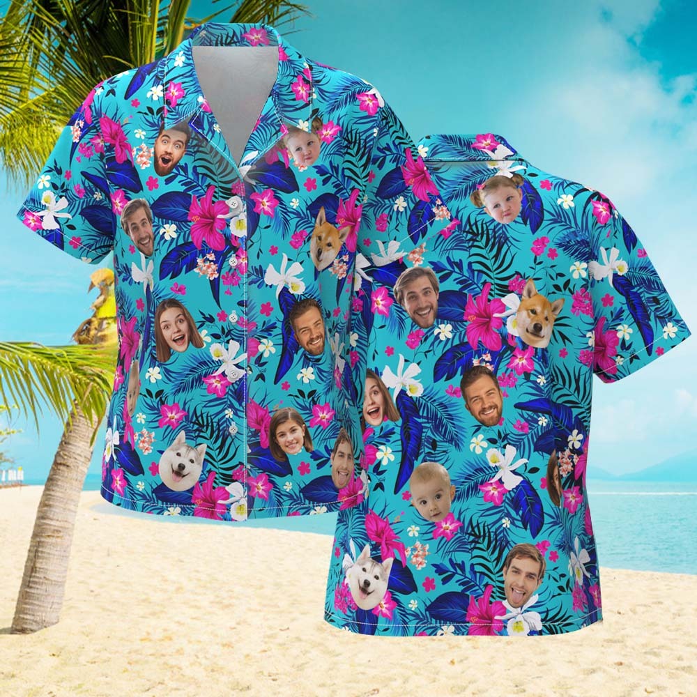 Custom Hawaiian Shirt With Face Personalized Hawaiian Shirt Logo All Over Print Pink Flower Hawaiian Shirt For Her - auphotoblanket