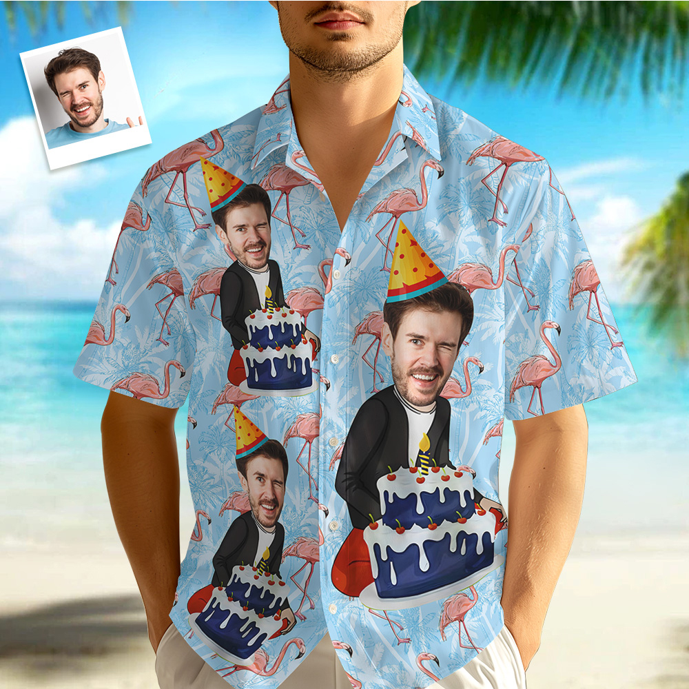Custom Cartoon Birthday Button-down Shirts With Flamingo & Cake Birthday Gift For Him - auphotoblanket