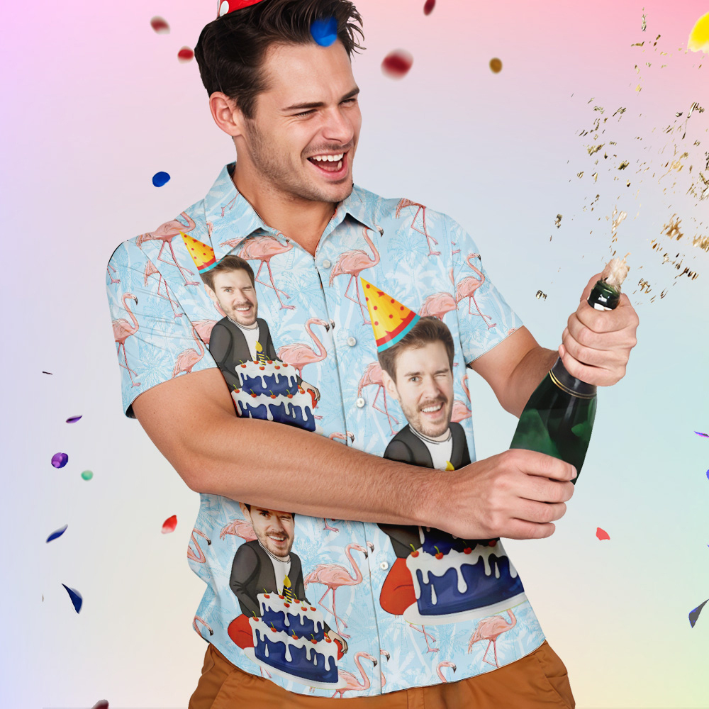 Custom Cartoon Birthday Button-down Shirts With Flamingo & Cake Birthday Gift For Him - auphotoblanket