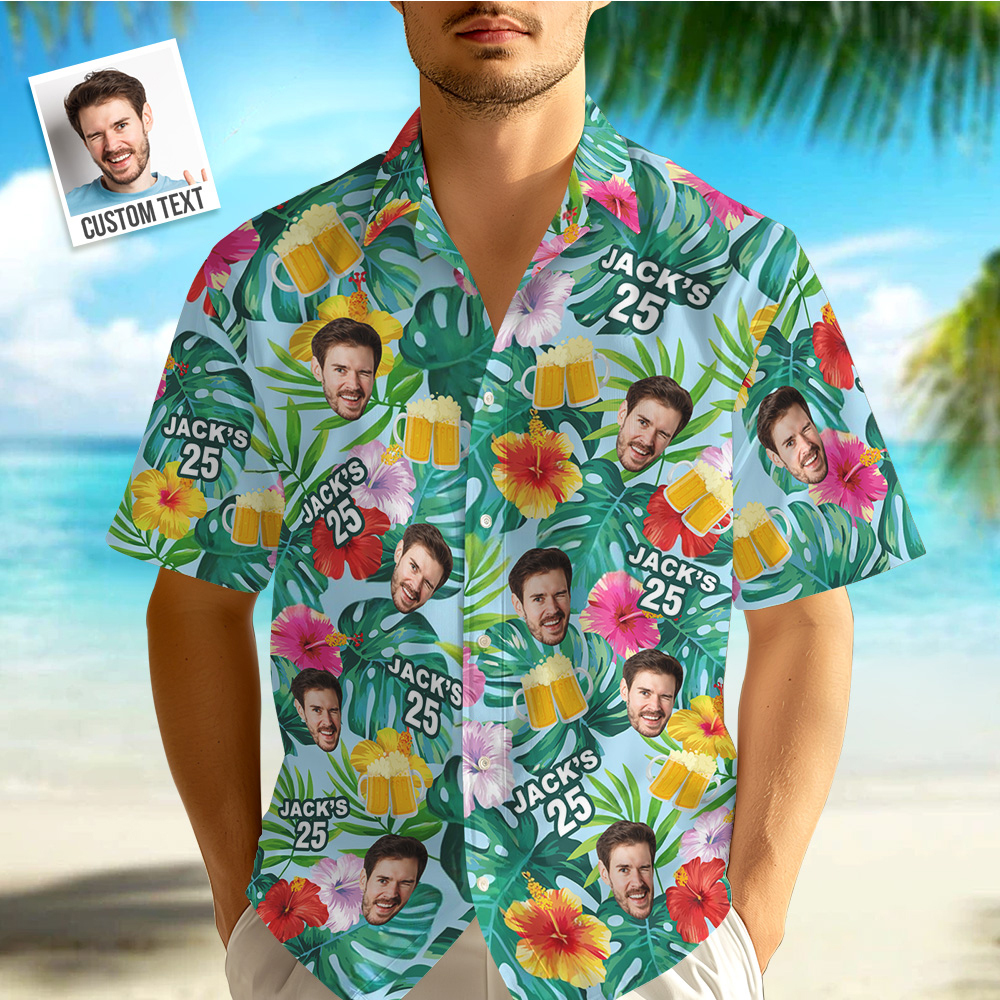 Custom Birthday Tropical Plants & Beer Hawaiian Shirts Personalized Face Shirts With Age & Name - auphotoblanket