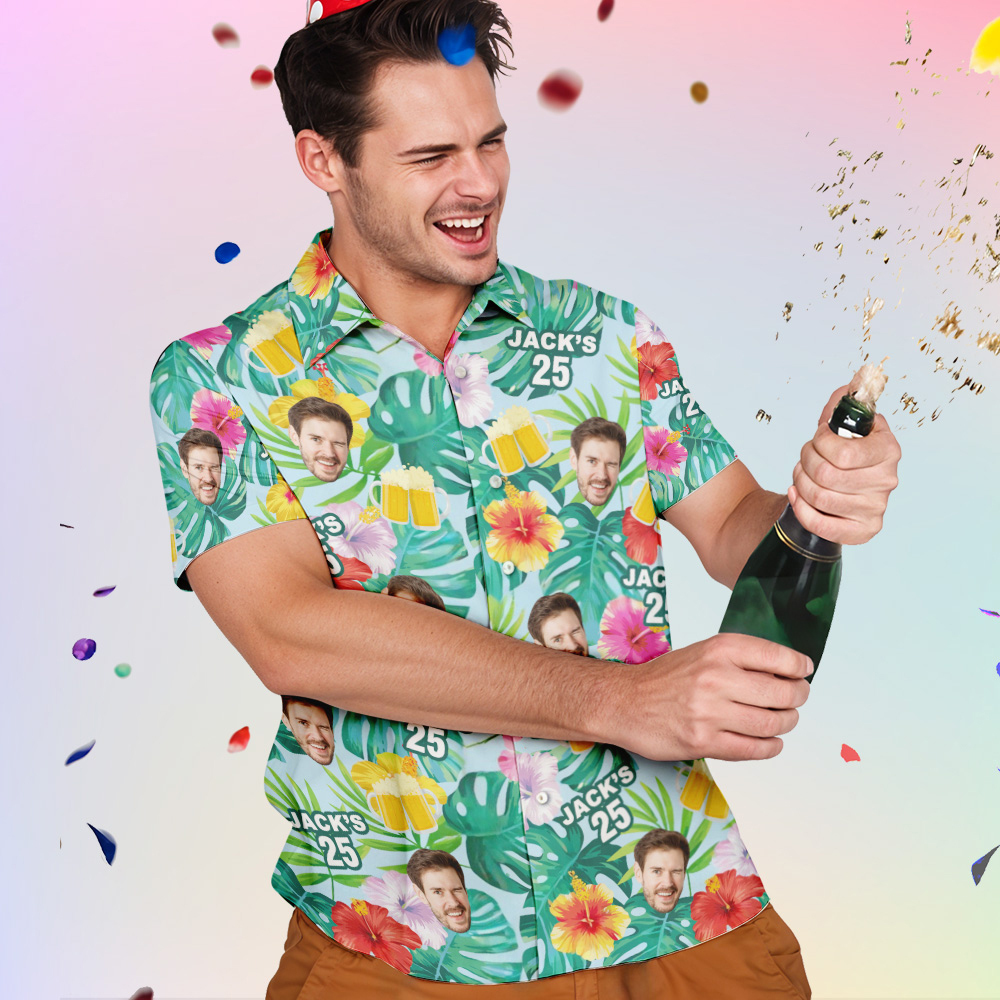 Custom Birthday Tropical Plants & Beer Hawaiian Shirts Personalized Face Shirts With Age & Name - auphotoblanket