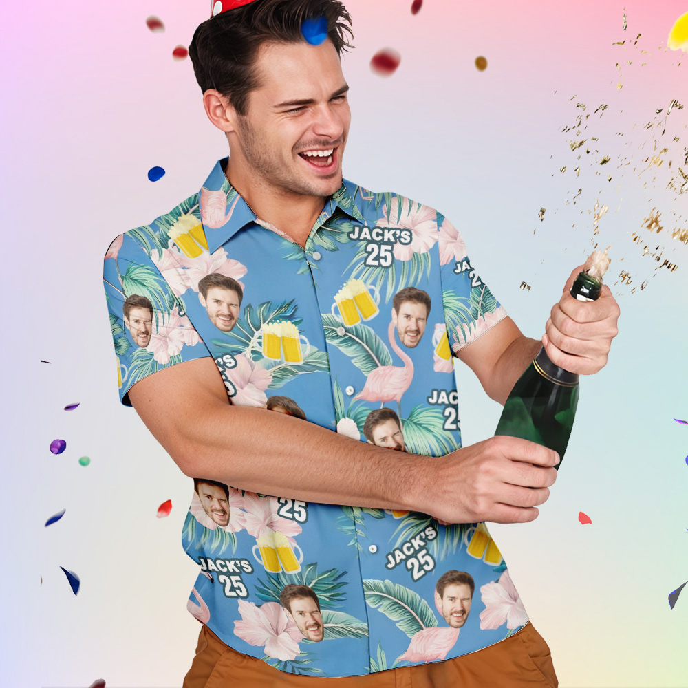 Custom Birthday Tropical Plants & Beer Hawaiian Shirts Personalized Face Shirts With Age & Name - auphotoblanket