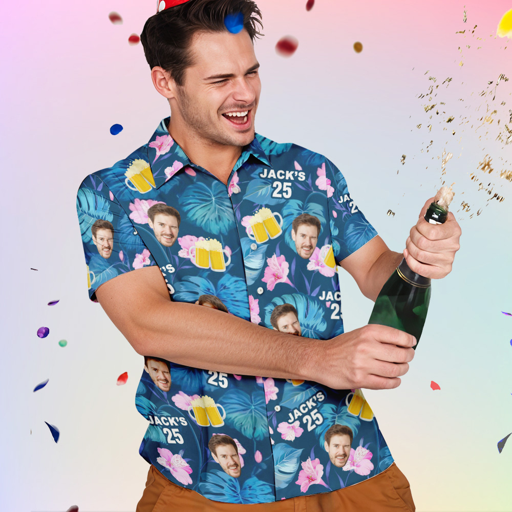 Custom Birthday Tropical Plants & Beer Hawaiian Shirts Personalized Face Shirts With Age & Name - auphotoblanket