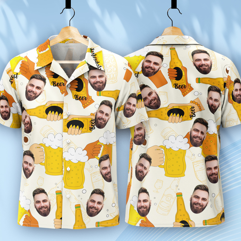 Custom Beer Hawaiian Shirt for Men, Personalized Party Group Hawaii Shirts with Face, Customize Mens Funny Face Shirt Beer Shirts - auphotoblanket