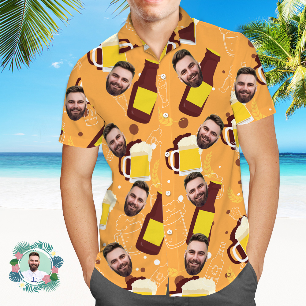 Custom Beer Hawaiian Shirt for Men, Personalized Party Group Hawaii Shirts with Face, Customize Mens Funny Face Shirt Beer Shirts - auphotoblanket