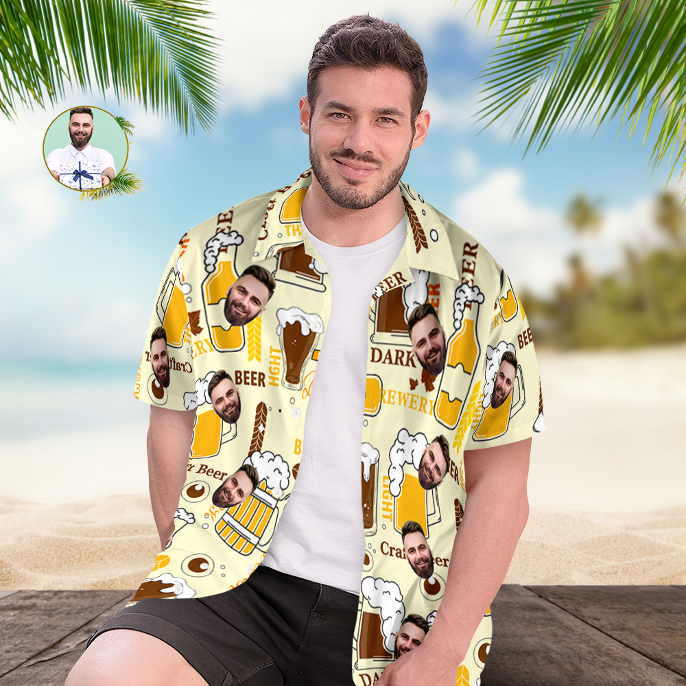 Custom Beer Hawaiian Shirt for Men, Personalized Party Group Hawaii Shirts with Face, Customize Mens Funny Face Shirt Beer Shirts - auphotoblanket