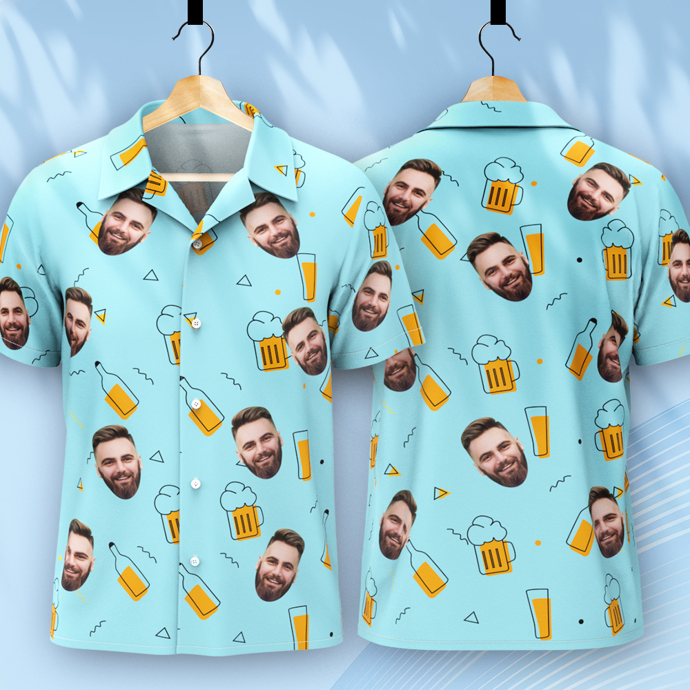 Custom Beer Hawaiian Shirt for Men, Personalized Party Group Hawaii Shirts with Face, Customize Mens Funny Face Shirt Beer Shirts - auphotoblanket