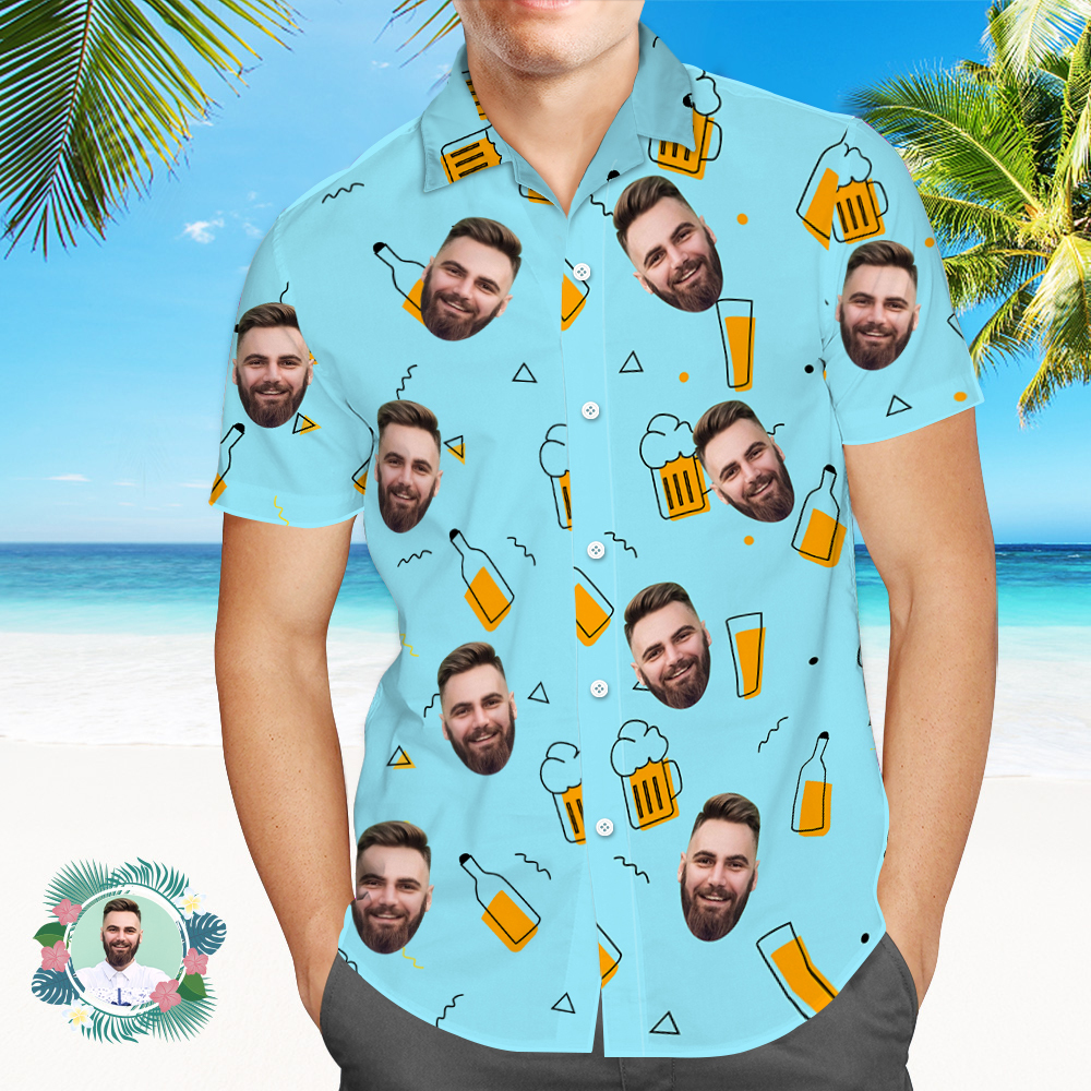 Custom Beer Hawaiian Shirt for Men, Personalized Party Group Hawaii Shirts with Face, Customize Mens Funny Face Shirt Beer Shirts - auphotoblanket