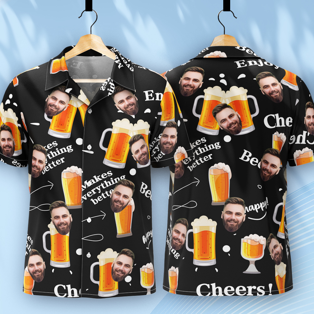 Custom Beer Hawaiian Shirt for Men, Personalized Party Group Hawaii Shirts with Face, Customize Mens Funny Face Shirt Beer Shirts - auphotoblanket