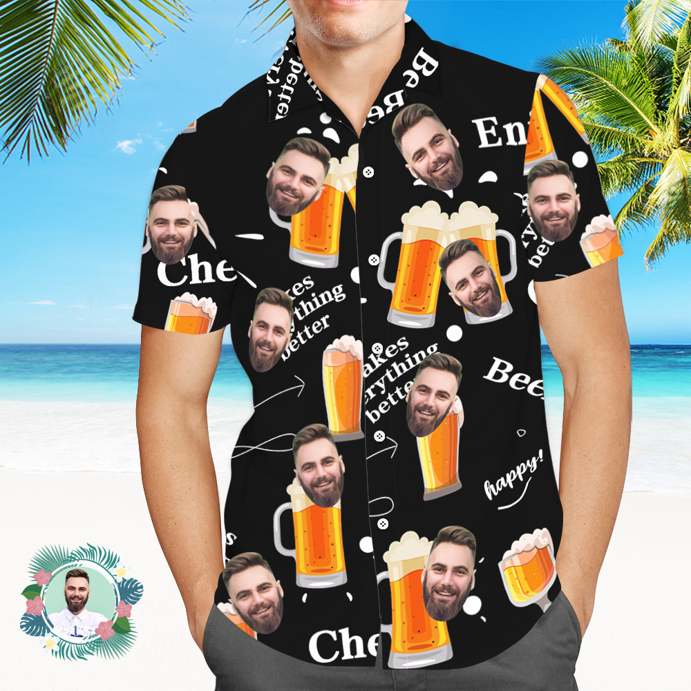 Custom Beer Hawaiian Shirt for Men, Personalized Party Group Hawaii Shirts with Face, Customize Mens Funny Face Shirt Beer Shirts - auphotoblanket