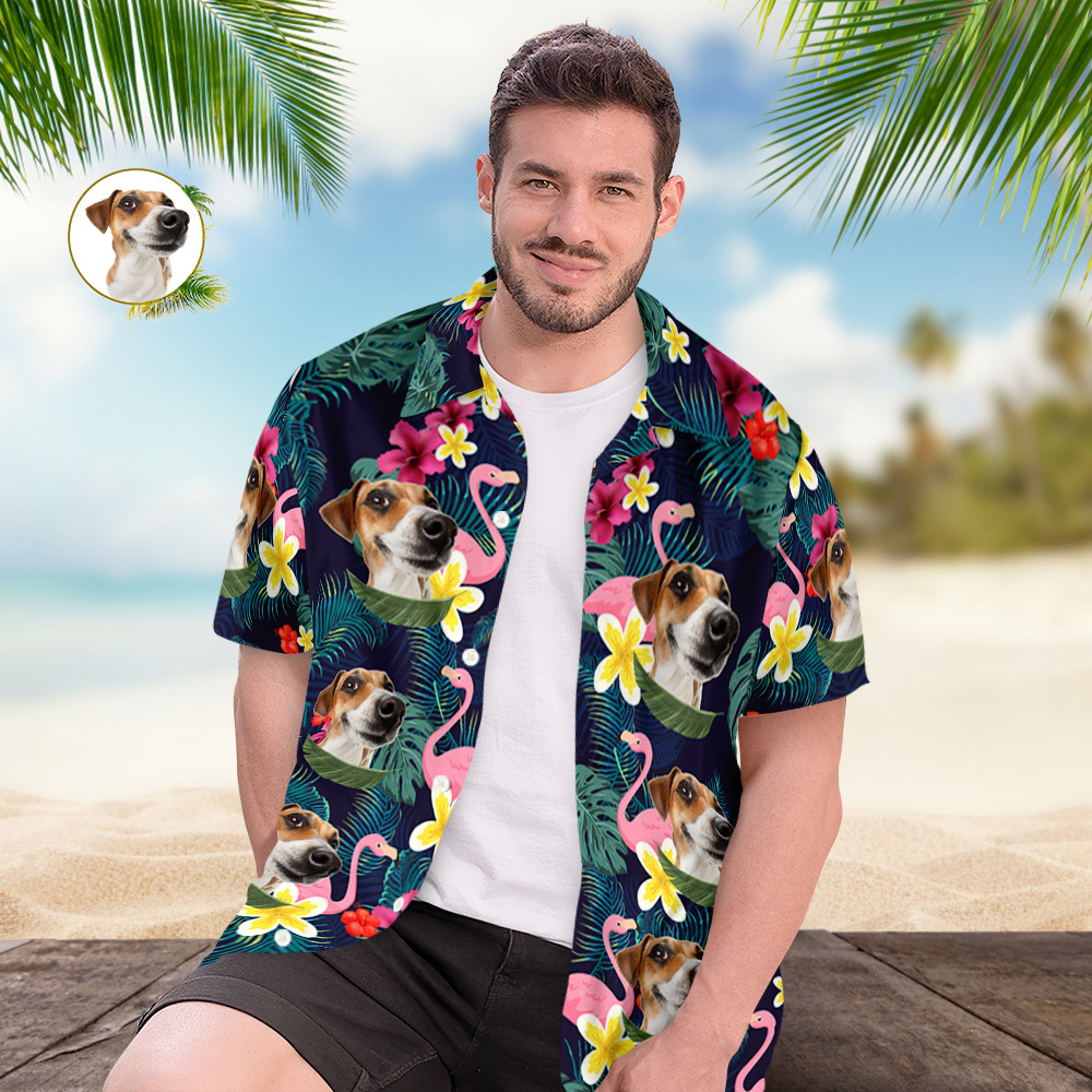 Custom Dog Photo Hawaiian Shirt, Personalized Hawaiian Shirt With Face, Custom Tropical Flower Hawaiian Shirt, Funny Hawaiian Shirt For Men - auphotoblanket