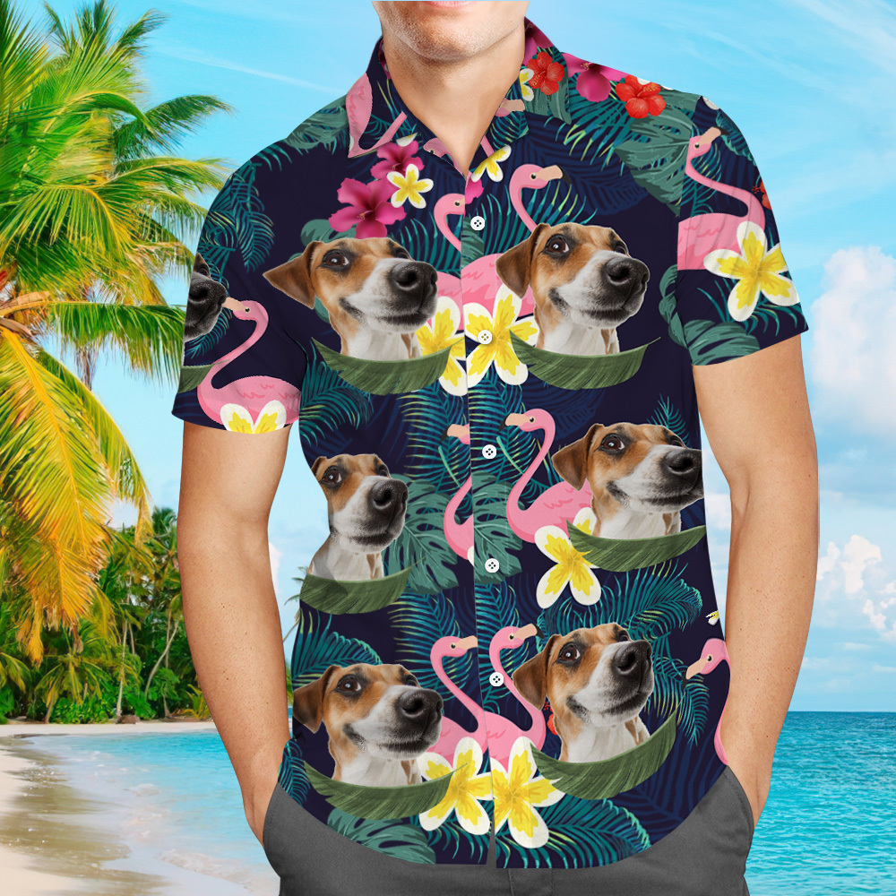 Custom Dog Photo Hawaiian Shirt, Personalized Hawaiian Shirt With Face, Custom Tropical Flower Hawaiian Shirt, Funny Hawaiian Shirt For Men - auphotoblanket