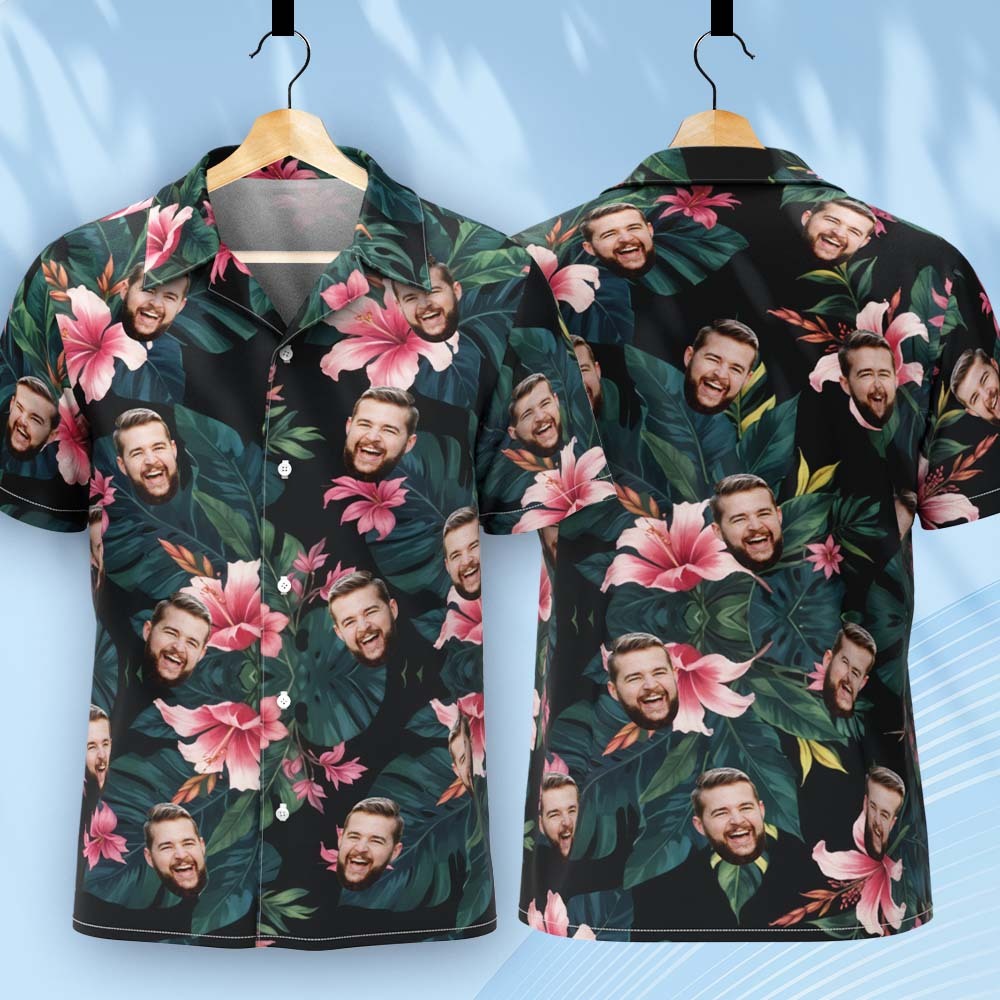 Custom Hawaiian Shirt All Over Print Face Pink Flower Green Leaves Shirt - auphotoblanket