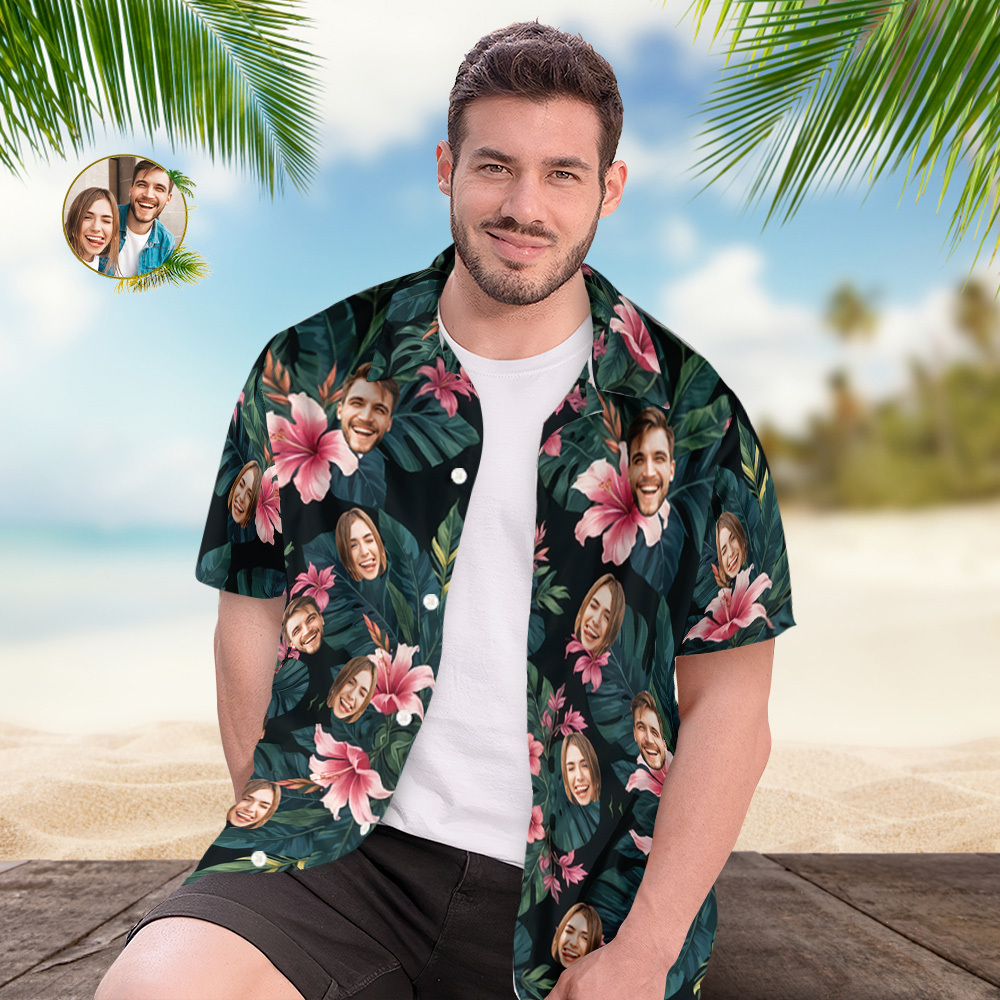 Custom Hawaiian Shirt All Over Print Face Pink Flower Green Leaves Shirt - auphotoblanket