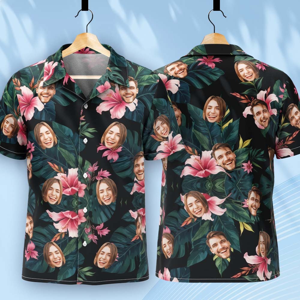 Custom Hawaiian Shirt All Over Print Face Pink Flower Green Leaves Shirt - auphotoblanket