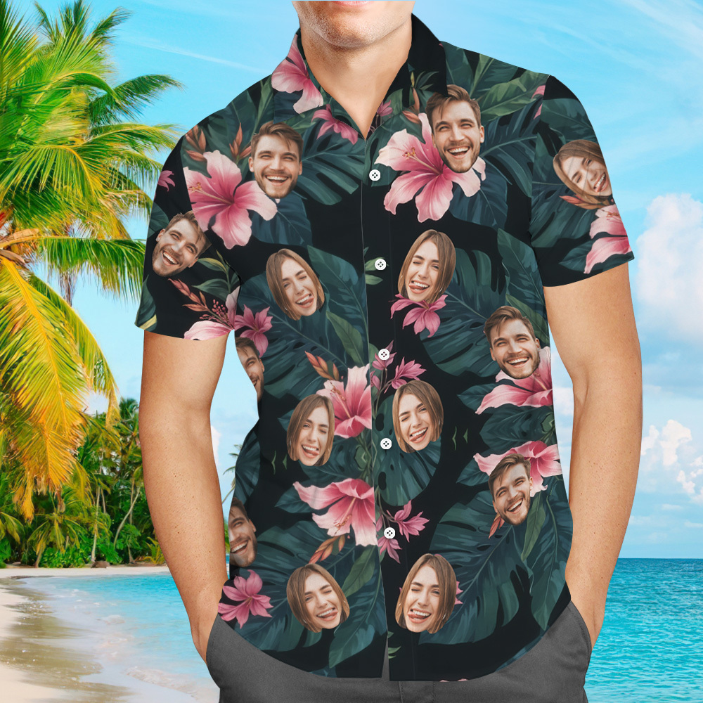 Custom Hawaiian Shirt All Over Print Face Pink Flower Green Leaves Shirt - auphotoblanket