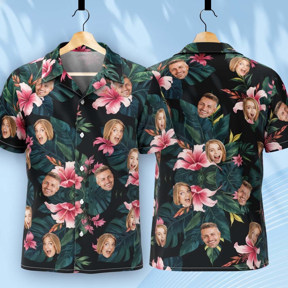 Custom Hawaiian Shirt All Over Print Face Pink Flower Green Leaves Shirt - auphotoblanket