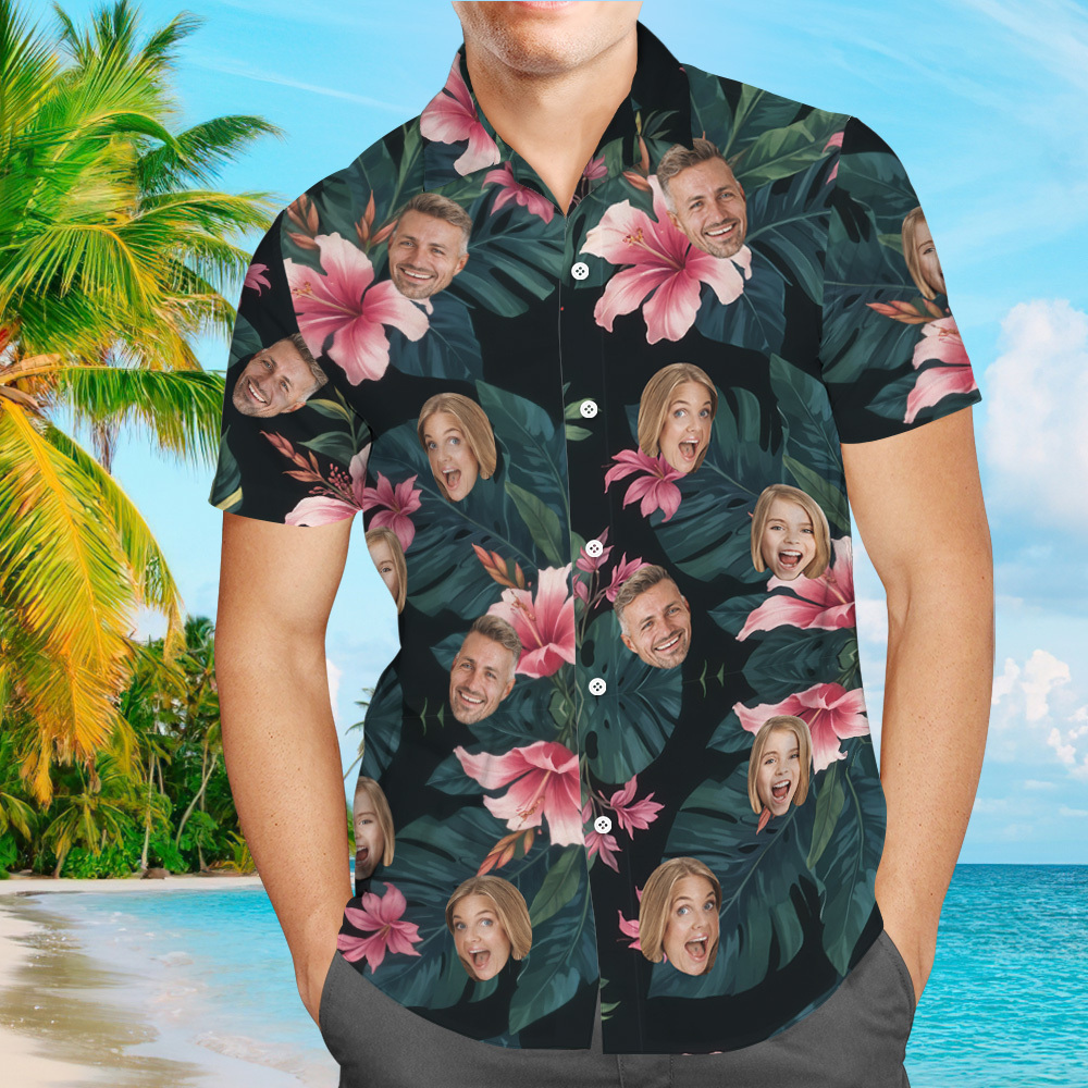 Custom Hawaiian Shirt All Over Print Face Pink Flower Green Leaves Shirt - auphotoblanket