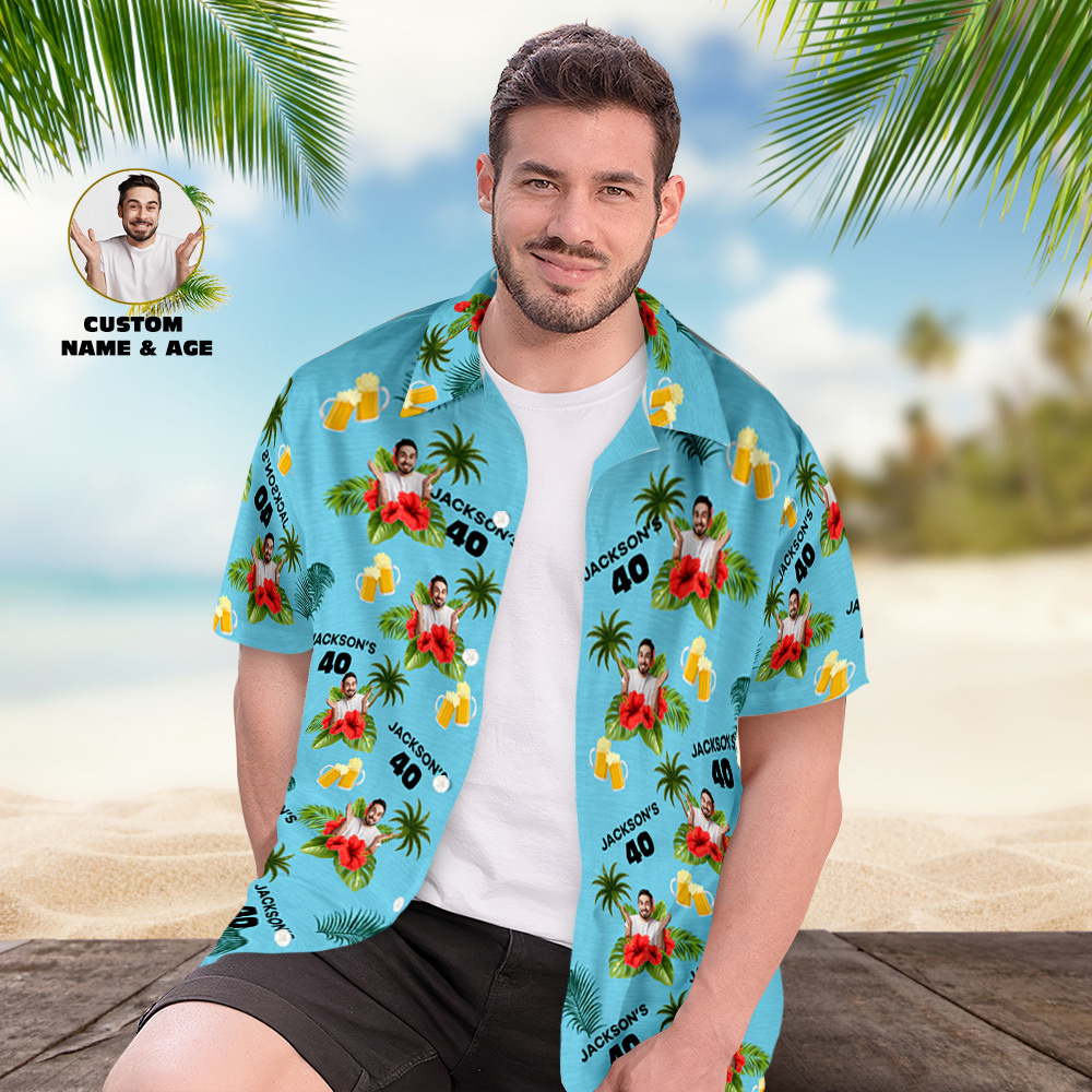 Custom Birthday Shirt with Faces Hawaiian Shirt with Text Birthday Party Shirt for Men Birthday Gifts - auphotoblanket