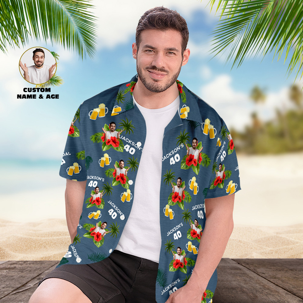 Custom Birthday Shirt with Faces Hawaiian Shirt with Text Birthday Party Shirt for Men Birthday Gifts - auphotoblanket