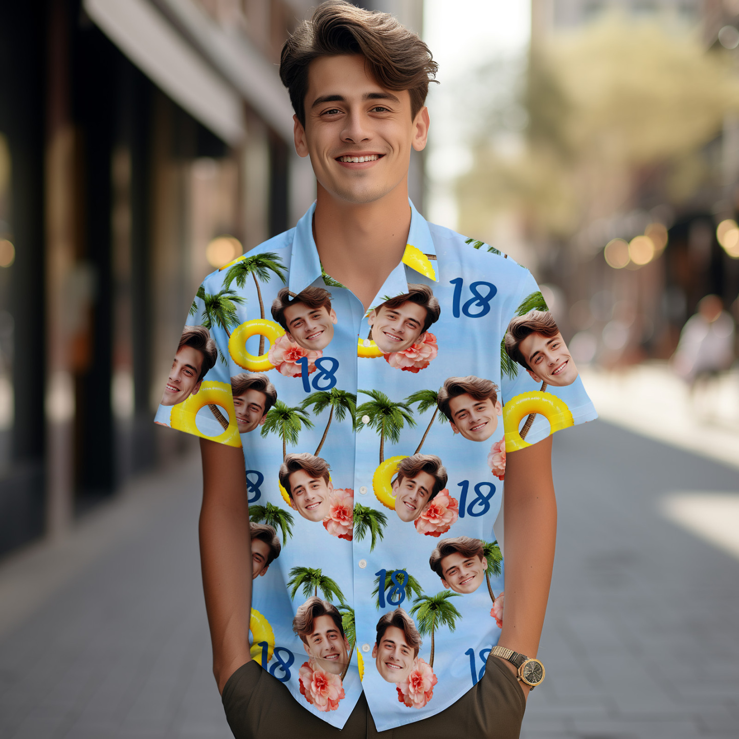 Custom Face Age Hawaiian Shirt Personalized Swimming Ring Coconut Tree Short Sleeve Shirt with Photo Birthday Shirt for Men Birthday Gifts - auphotoblanket