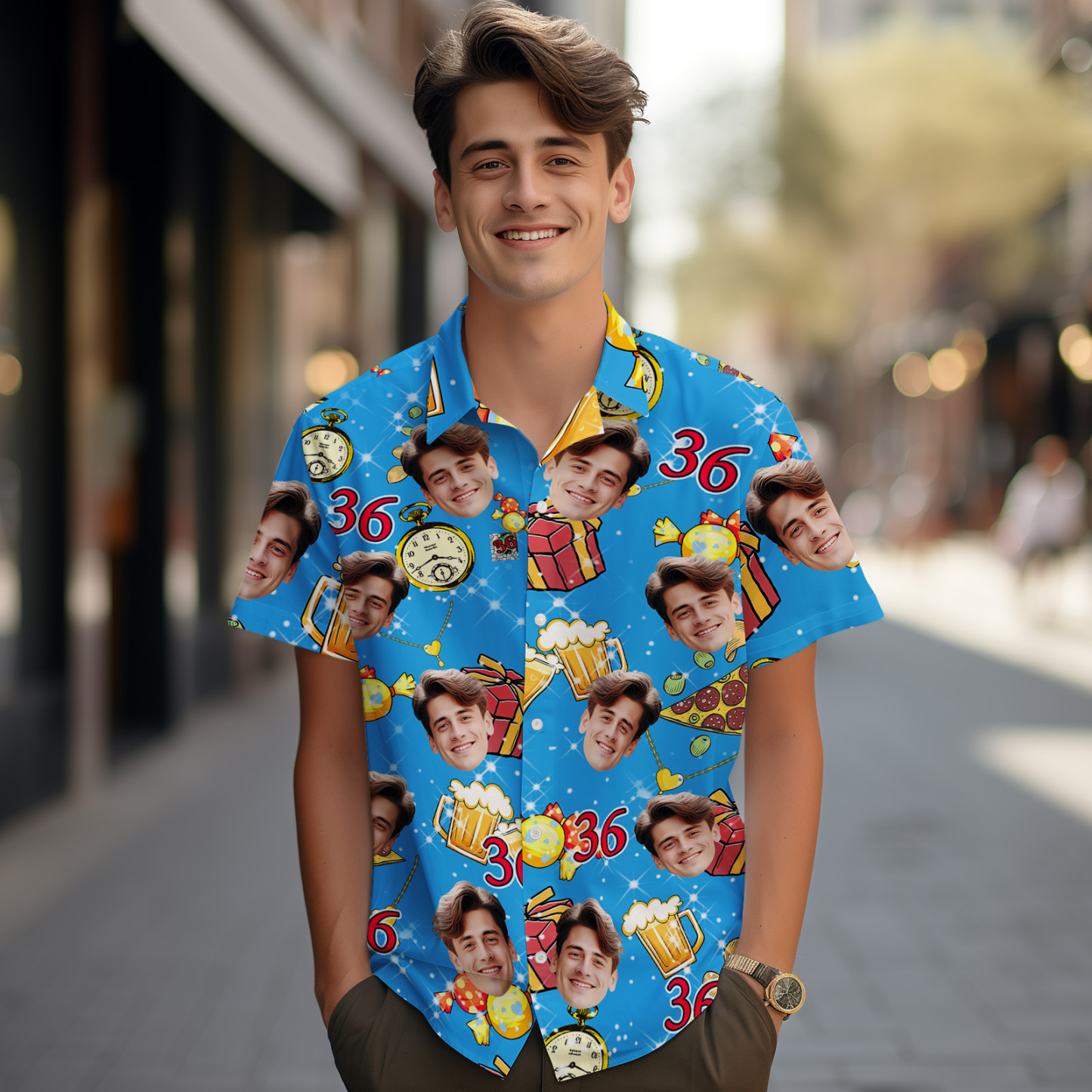 Custom Face Age Hawaiian Shirt Personalized Beer Mug Gift Box Short Sleeve Shirt with Photo Birthday Shirt for Men Birthday Gifts - auphotoblanket