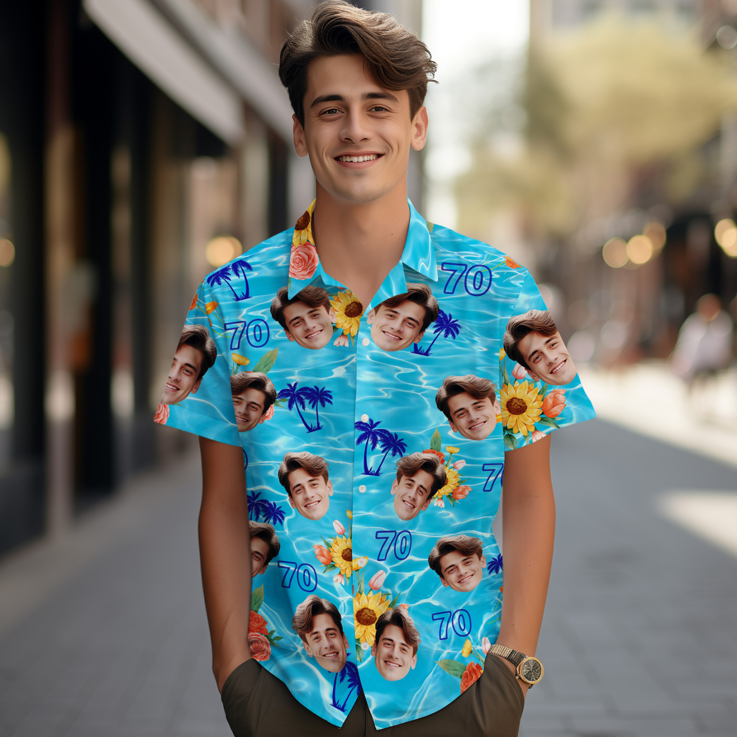 Custom Face Age Hawaiian Shirt Personalized Sunflower Short Sleeve Shirt with Photo Birthday Shirt for Men Birthday Gifts - auphotoblanket