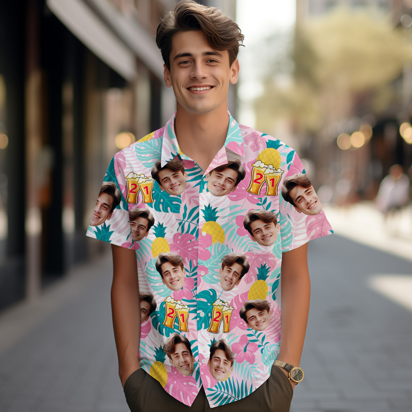 Custom Face Age Hawaiian Shirt Personalized Pineapple Pink Flower Short Sleeve Shirt with Photo Birthday Shirt for Men Birthday Gifts - auphotoblanket