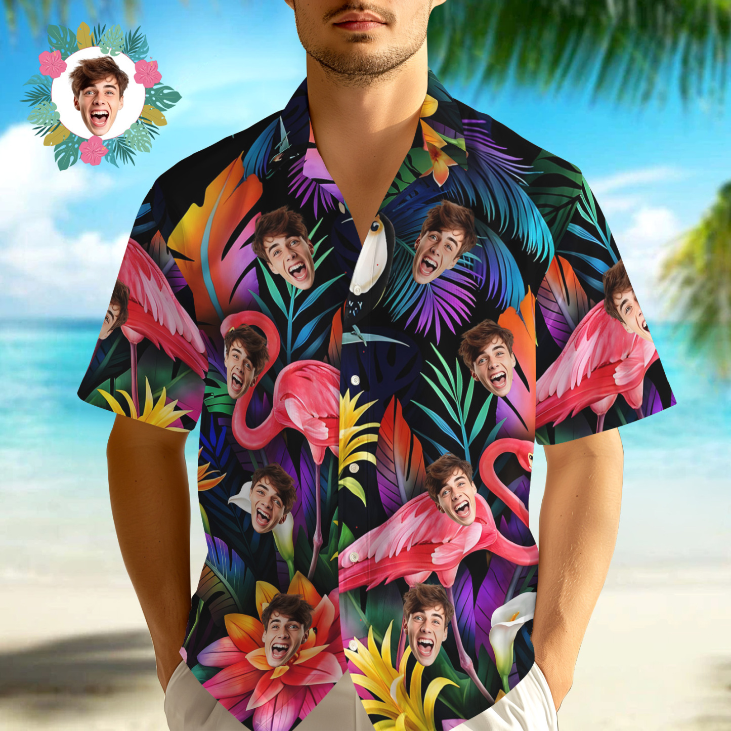 Custom Flamingo Floral Hawaiian Shirt Custom Face Shirt - auphotoblanket