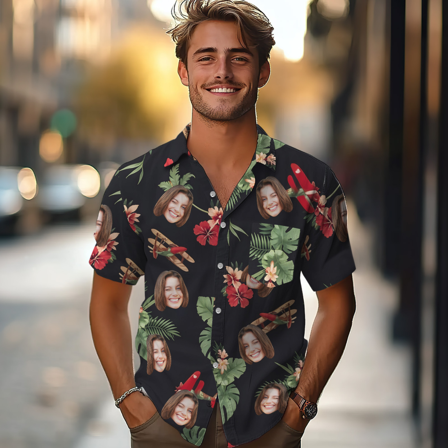Custom Face Black Tropical Flowers & Leaves Shirts Custom Beach Shirts For Him - auphotoblanket
