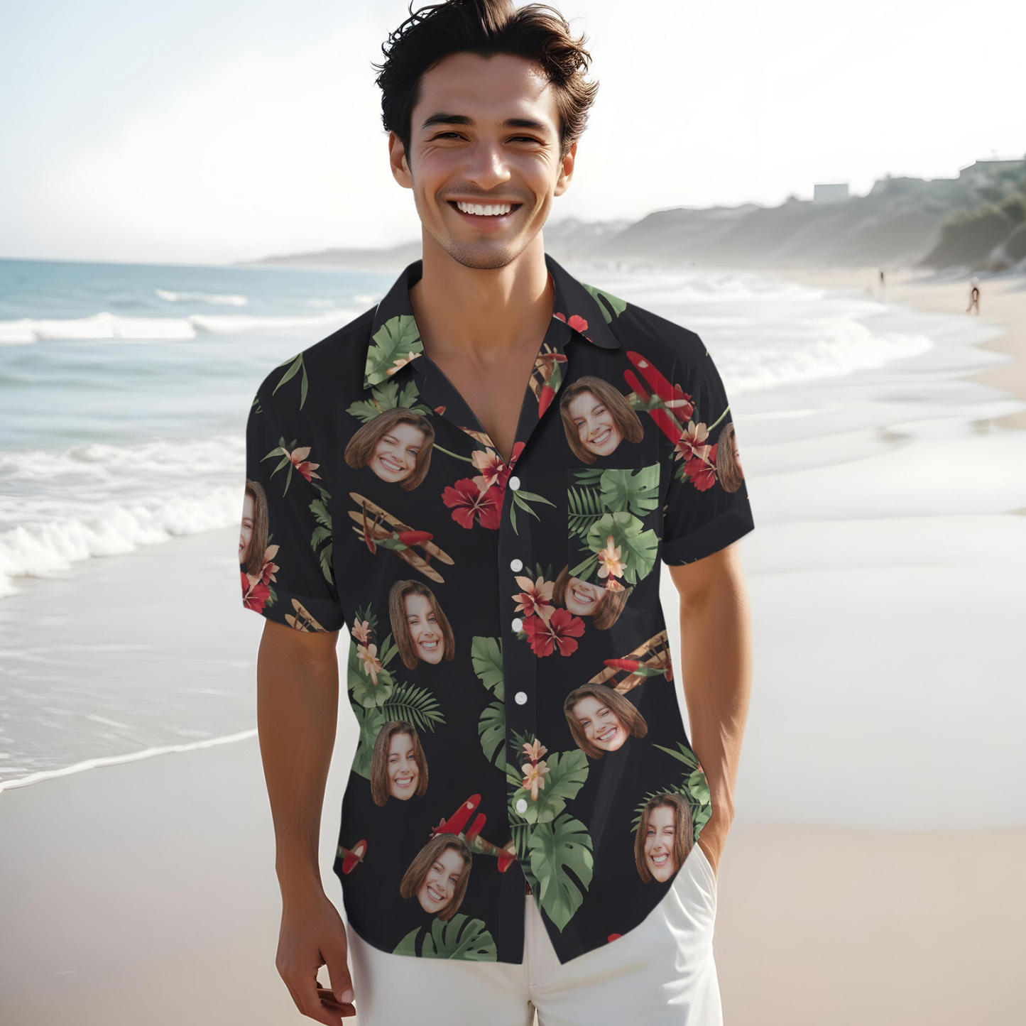Custom Face Black Tropical Flowers & Leaves Shirts Custom Beach Shirts For Him - auphotoblanket