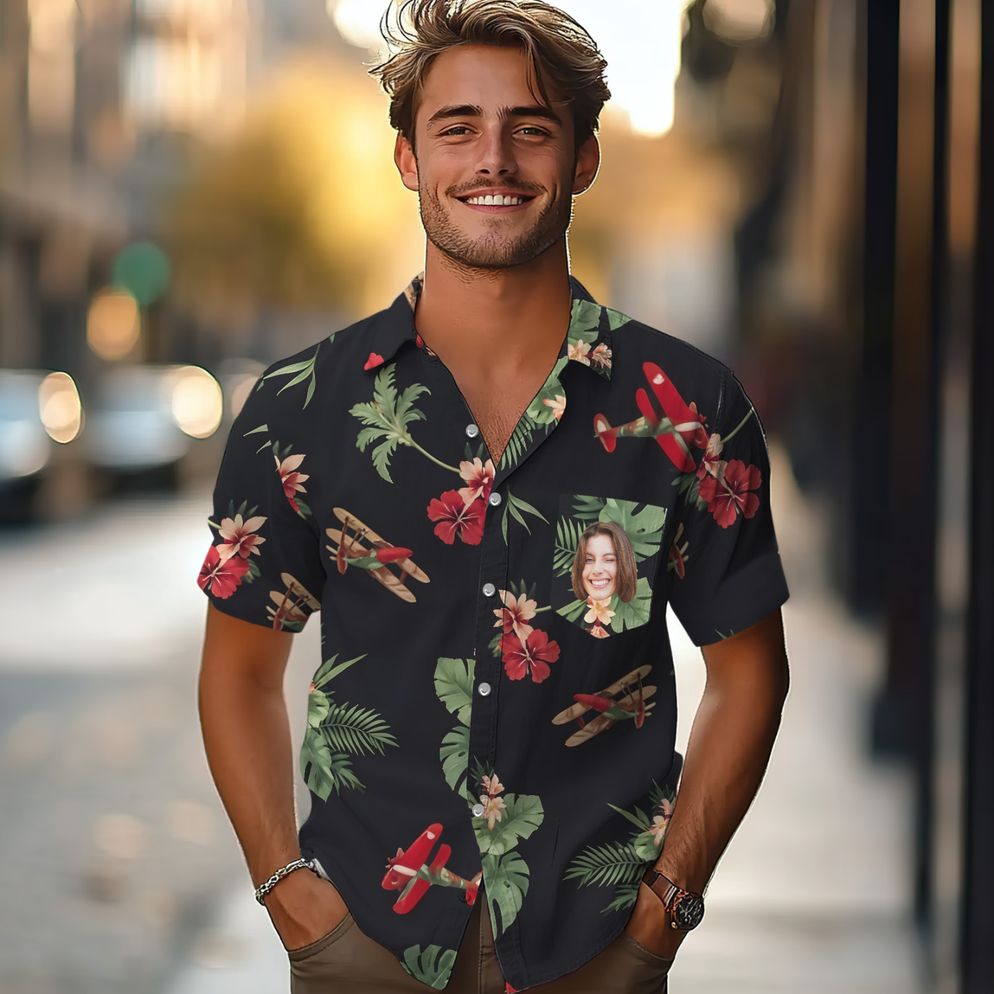 Custom Face Black Tropical Flowers & Leaves Shirts Custom Beach Shirts For Him - auphotoblanket