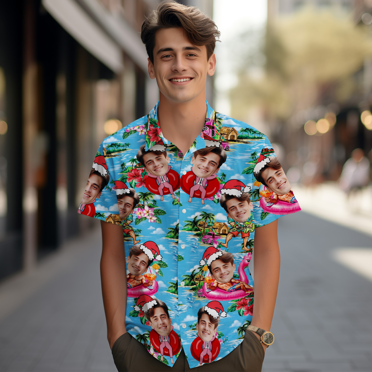 Custom Tropical Beach Christmas Face Button-down Shirts Custom Face Hawaiian Shirts Gifts For Him - auphotoblanket