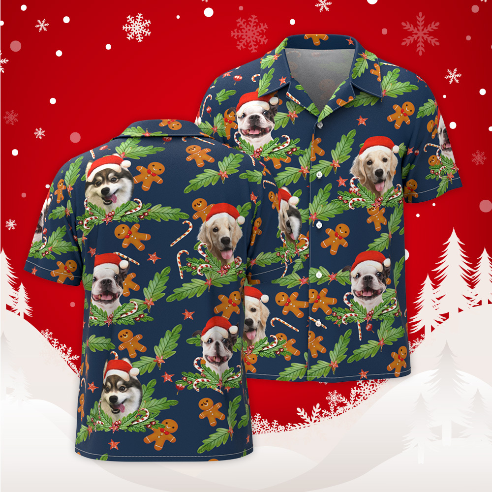 Custom Photo Gingerbread Hawaiian Shirt Personalized Candy Cane Hawaiian Shirt Gift For Christmas - auphotoblanket