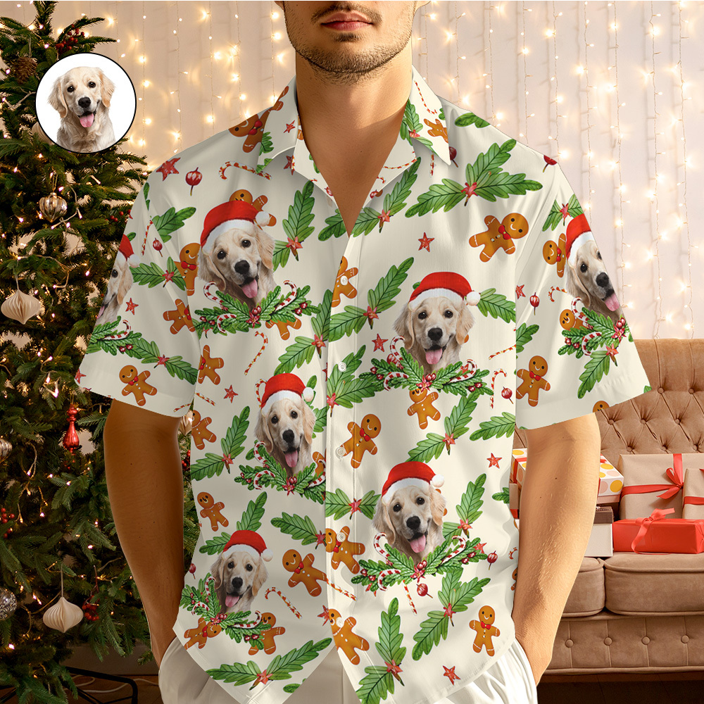 Custom Photo Gingerbread Hawaiian Shirt Personalized Candy Cane Hawaiian Shirt Gift For Christmas - auphotoblanket