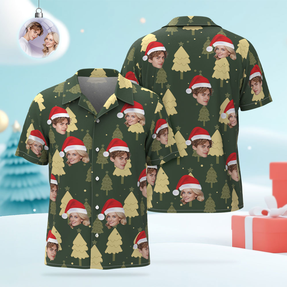 Custom Christmas Shirt with Face, Custom Face Shirt, Christmas Shirt Family, Xmas Shirt, Custom Picture Hawaiian Shirt for Bachelor Party Christmas tree Hawaiian shirt - auphotoblanket