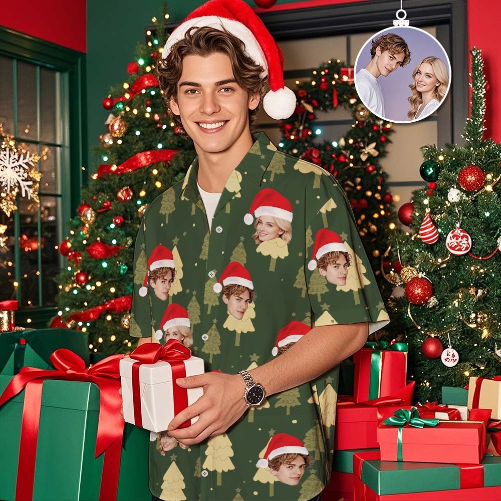 Custom Christmas Shirt with Face, Custom Face Shirt, Christmas Shirt Family, Xmas Shirt, Custom Picture Hawaiian Shirt for Bachelor Party Christmas tree Hawaiian shirt - auphotoblanket