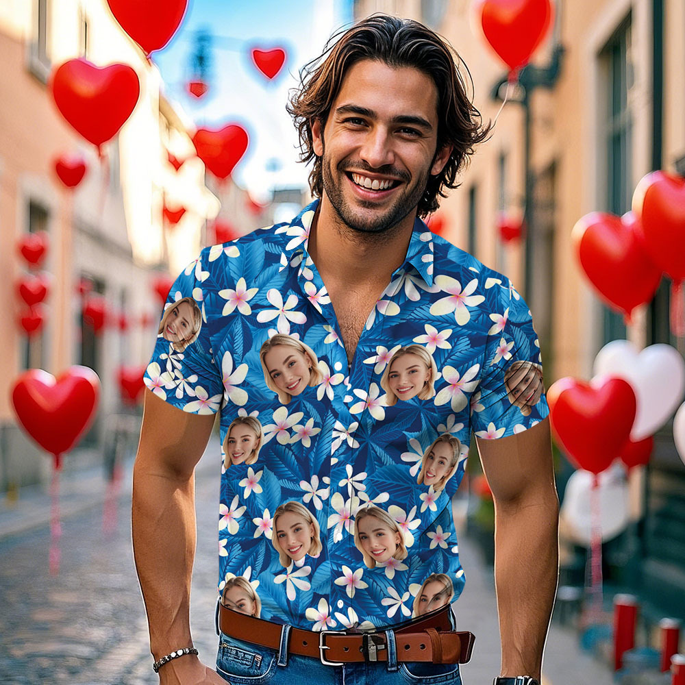 Custom Hawaiian Shirt with Face Personalized Summer White Flower Blue Leaves Shirt Vacation Holiday Gift - auphotoblanket