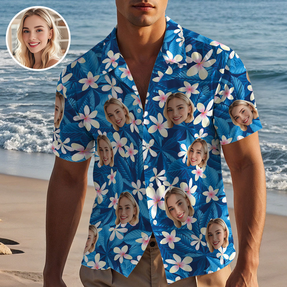 Custom Hawaiian Shirt with Face Personalized Summer White Flower Blue Leaves Shirt Vacation Holiday Gift - auphotoblanket