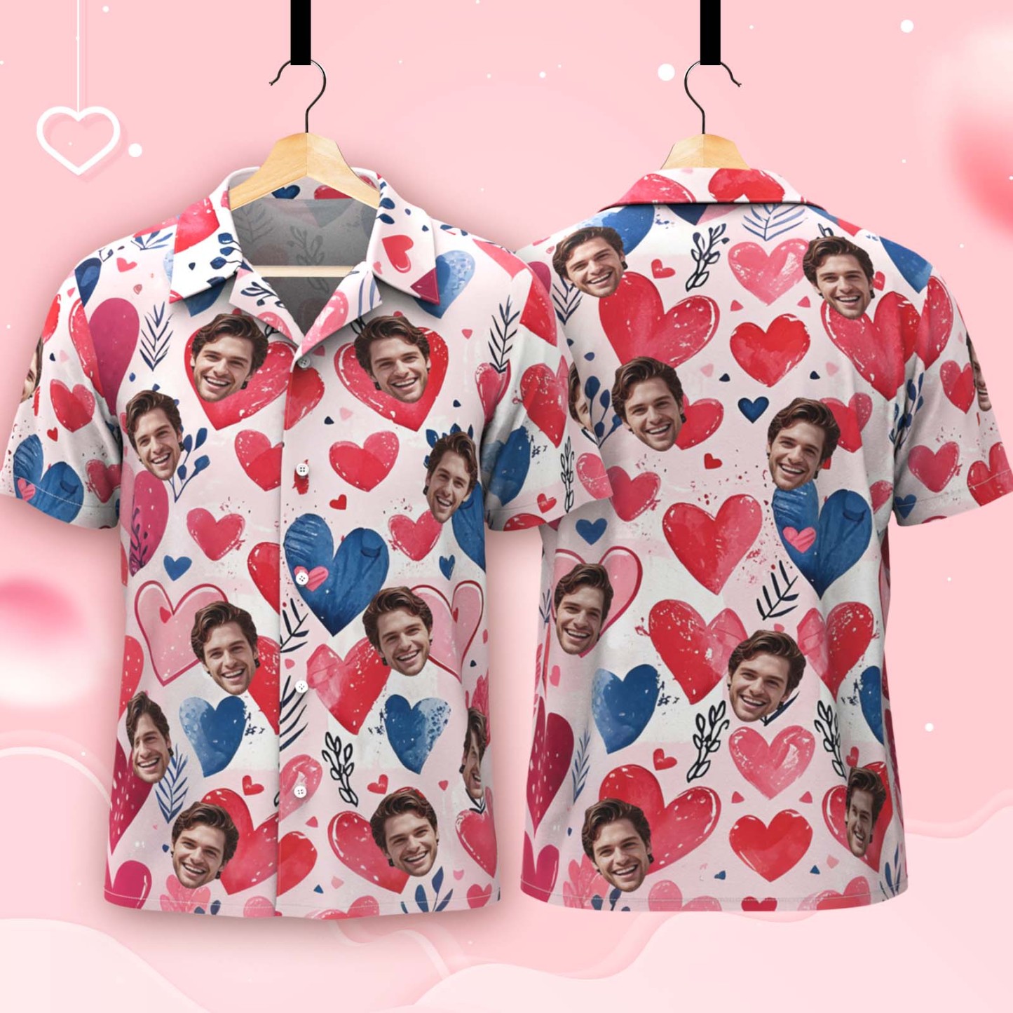 Personalized Pink Heart Hawaiian Shirt Custom Valentine's Day Gift for Couples - auphotoblanket