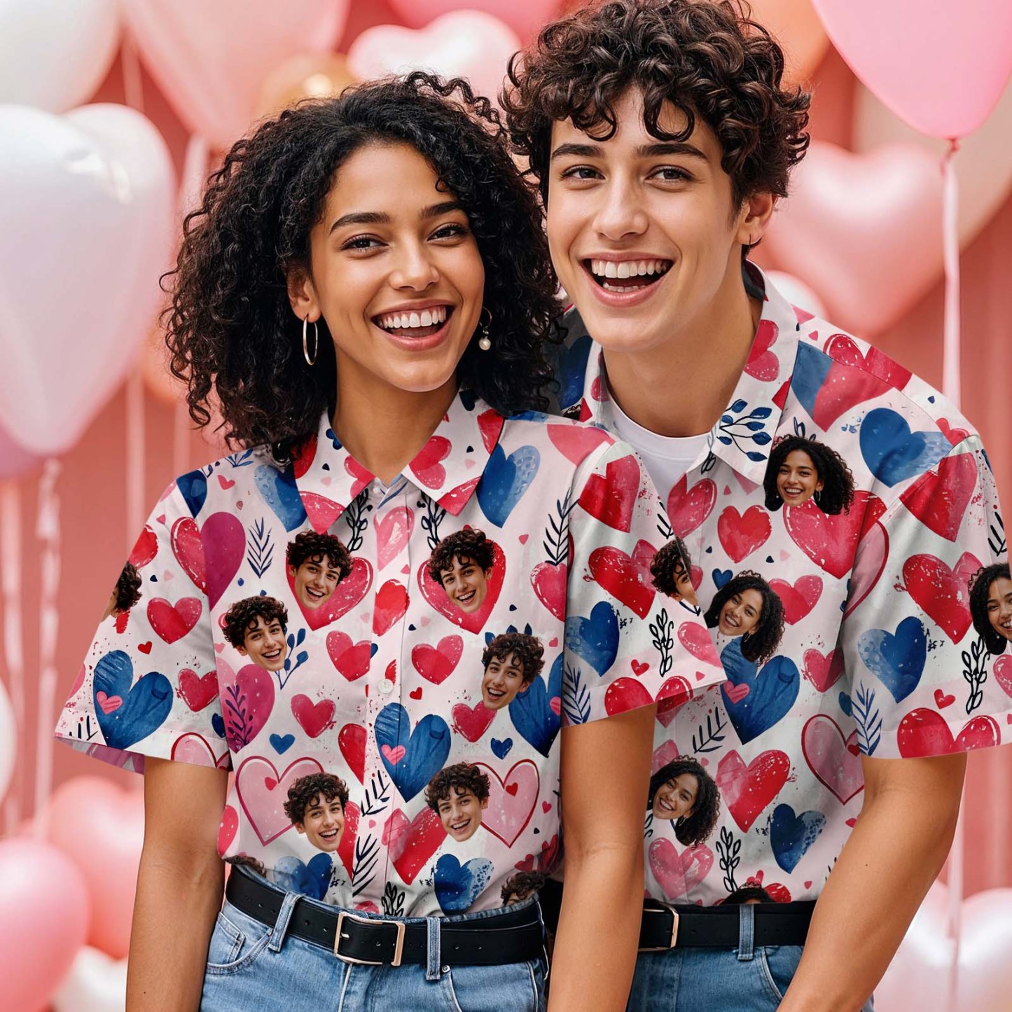 Personalized Pink Heart Hawaiian Shirt Custom Valentine's Day Gift for Couples - auphotoblanket