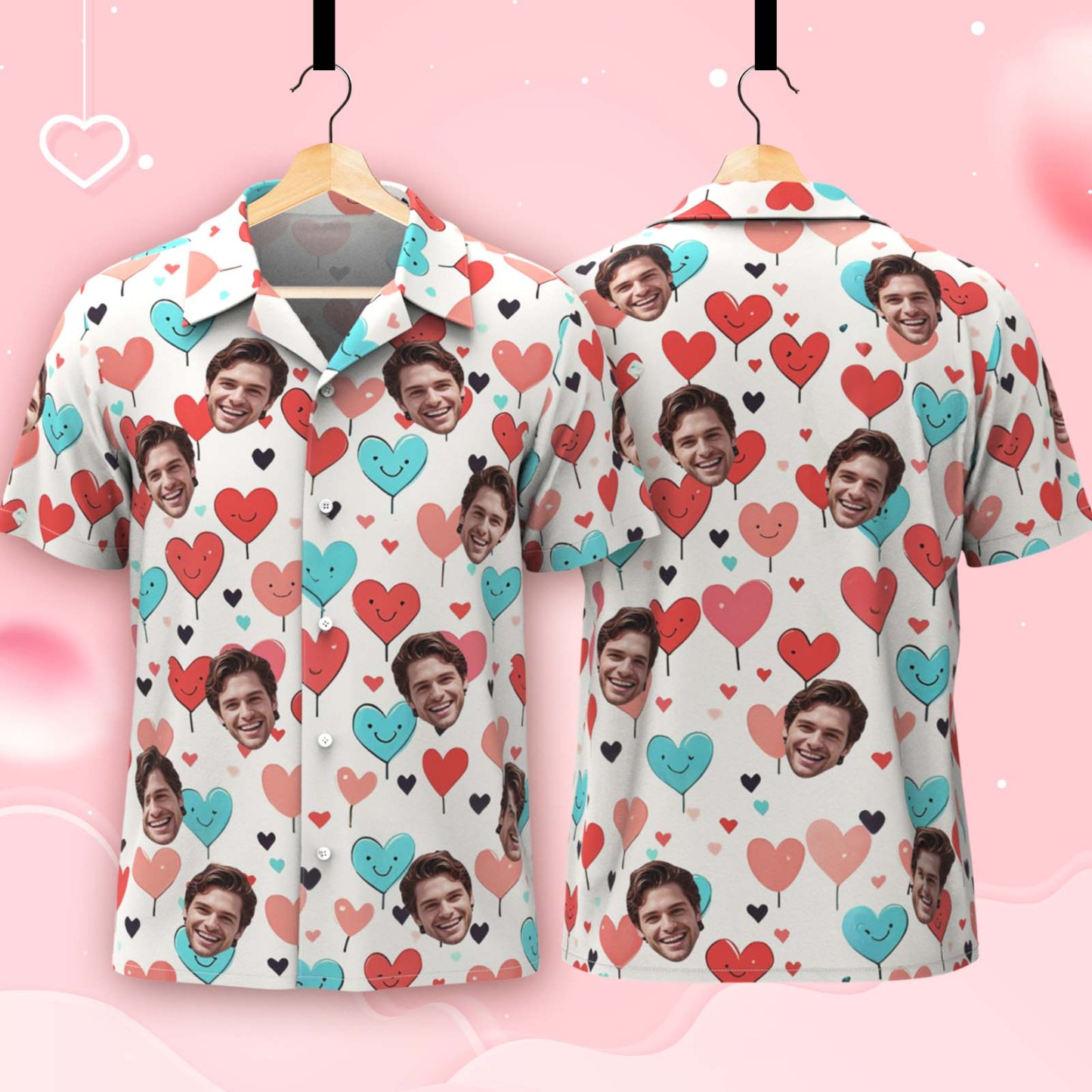 Custom Face Hawaiian Shirt Artistic Pink & Blue Heart Design Personalized Valentine's Day Gift for Couples - auphotoblanket